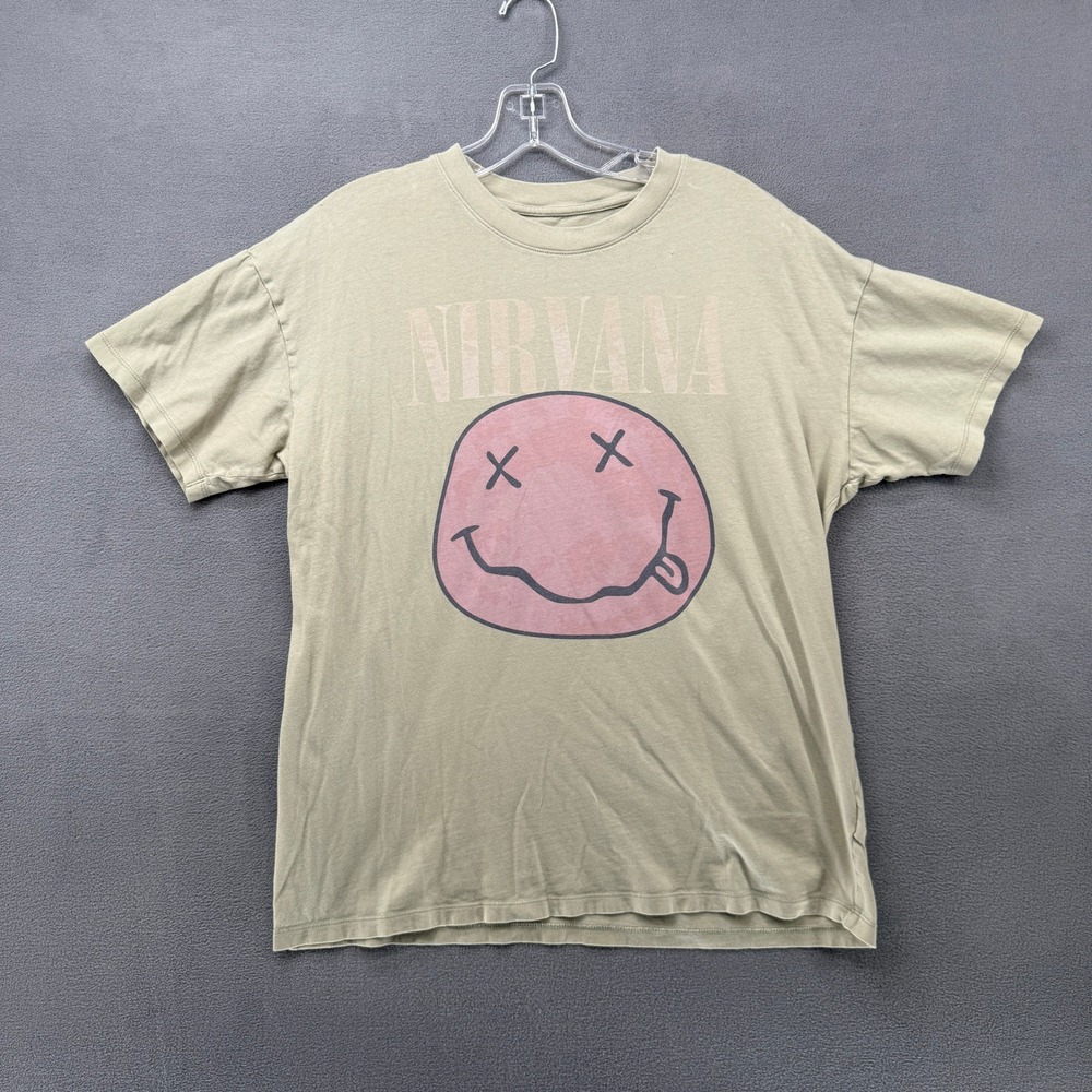 American Eagle Nirvana T Shirt Band Tee Khaki Pink Smiley Face Graphic XS/S